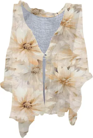 Womens Casual Button V Neck Women's Floral Butterfly Print Natural Autumn Fragrant Shirts Loose Work Tops