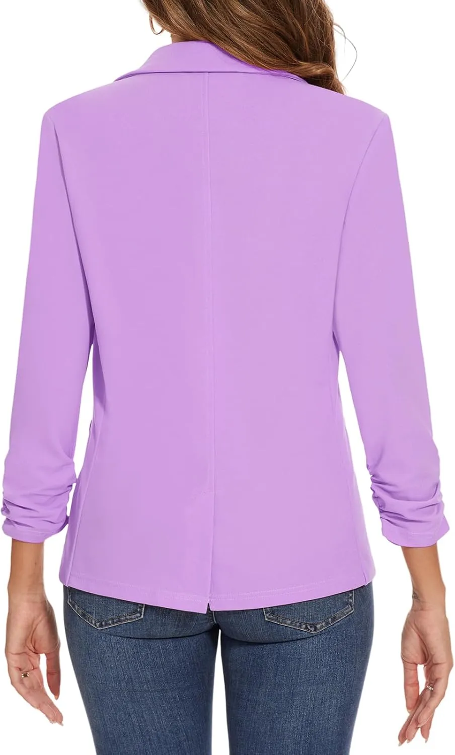 Women's Casual Single Button Front Blazer Ruched 3/4 Sleeve Notched Lapel Office Lightweight Blazers with Pockets