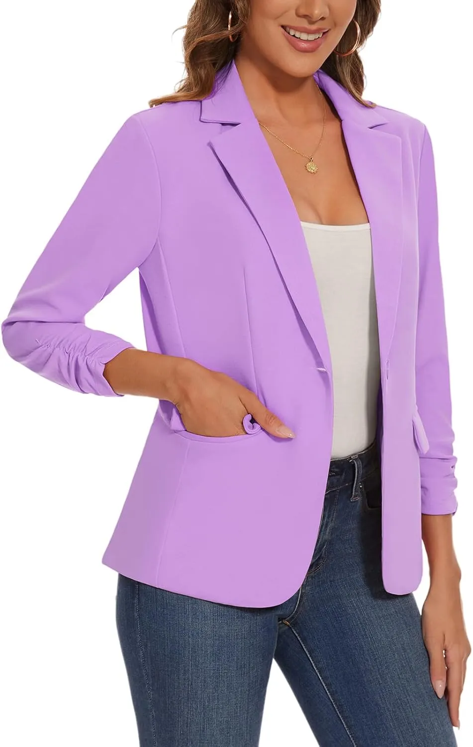 Women's Casual Single Button Front Blazer Ruched 3/4 Sleeve Notched Lapel Office Lightweight Blazers with Pockets