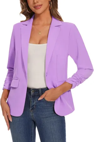 Women's Casual Single Button Front Blazer Ruched 3/4 Sleeve Notched Lapel Office Lightweight Blazers with Pockets