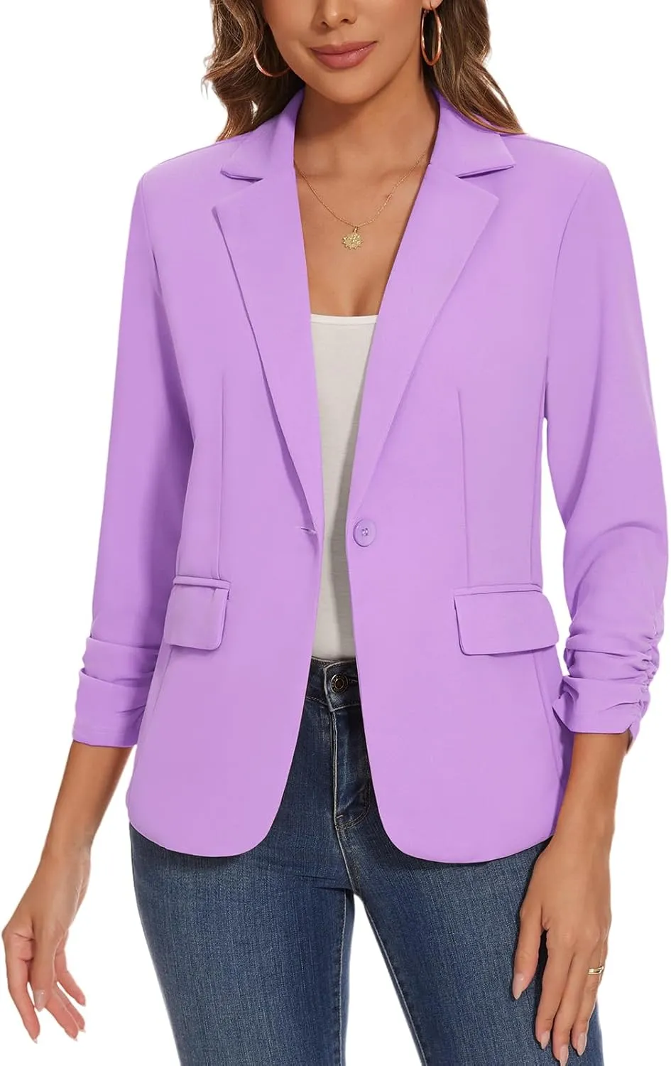 Women's Casual Single Button Front Blazer Ruched 3/4 Sleeve Notched Lapel Office Lightweight Blazers with Pockets