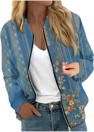 Women's Floral Print Bomber Jacket Cropped Jacket Long Sleeve Zipper Up Party Club Jacket Windbreaker Outerwear