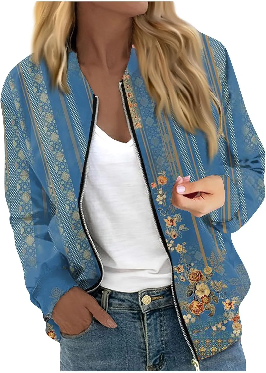 Women's Floral Print Bomber Jacket Cropped Jacket Long Sleeve Zipper Up Party Club Jacket Windbreaker Outerwear