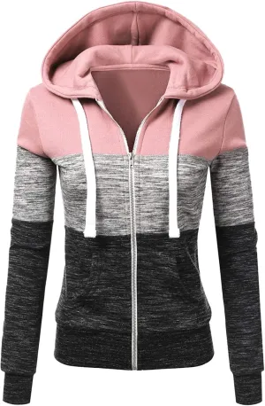 Women's Hoodie Colour Block Hooded Sweatshirt Zipper Long Sleeve Top with Pockets