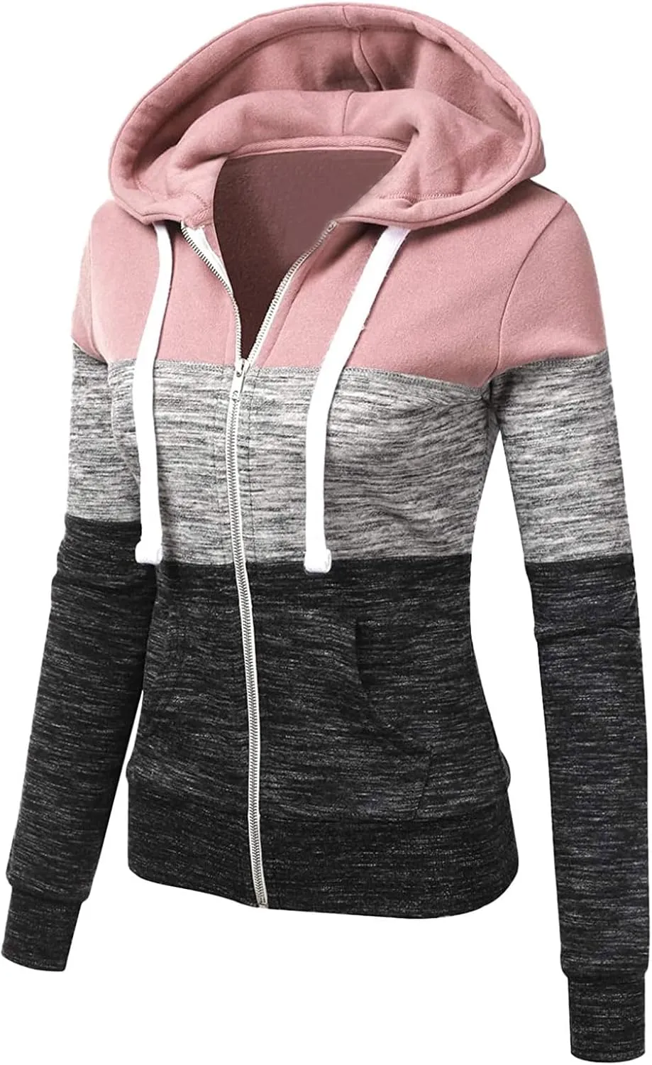 Women's Hoodie Colour Block Hooded Sweatshirt Zipper Long Sleeve Top with Pockets