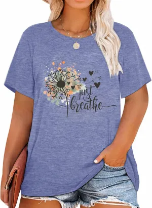 Womens Plus Size Dandelion Print Tshirt Cute Graphic Floral Tees Short Sleeve Summer Blessed Tee Tops