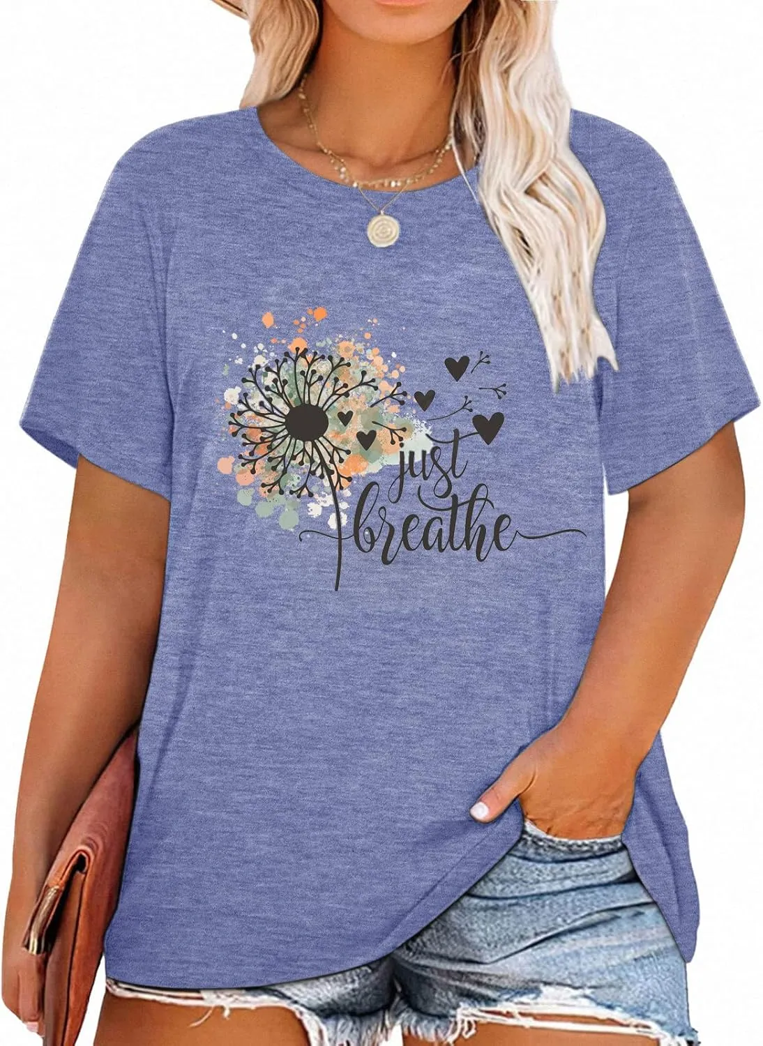 Womens Plus Size Dandelion Print Tshirt Cute Graphic Floral Tees Short Sleeve Summer Blessed Tee Tops