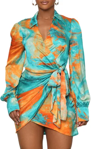 Women's Sexy Faux Wrap V Neck Collar Long Sleeve Mini Shirt Dress Casual Loose Blouses