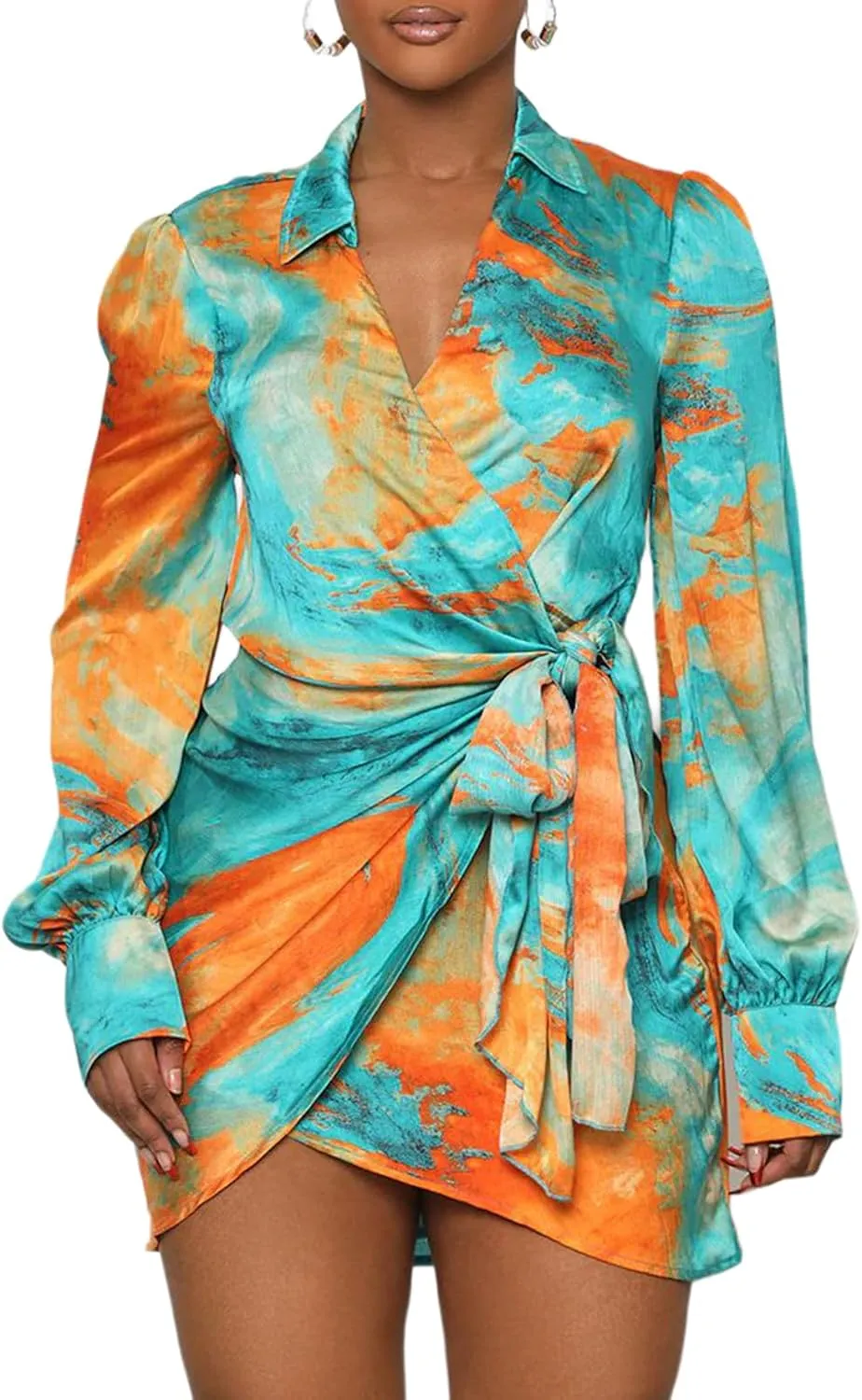 Women's Sexy Faux Wrap V Neck Collar Long Sleeve Mini Shirt Dress Casual Loose Blouses