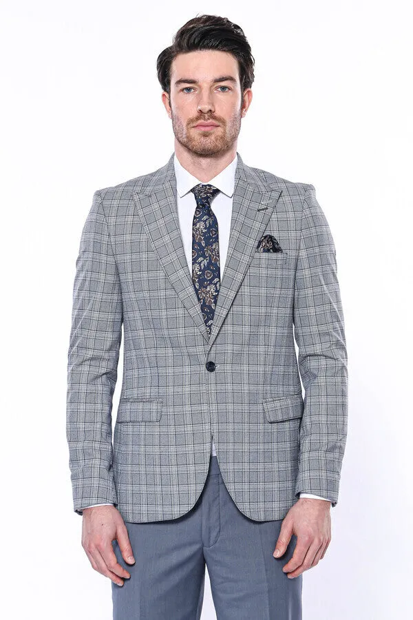 WSS Checked Slim-Fit Grey Men's Blazer  - Singen