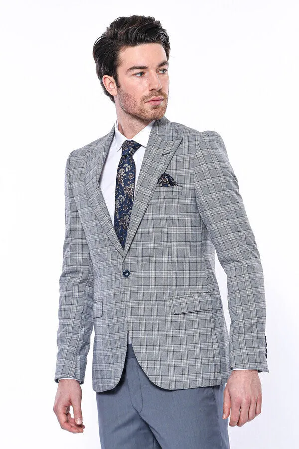 WSS Checked Slim-Fit Grey Men's Blazer  - Singen