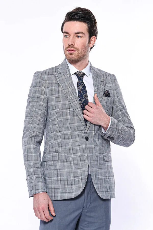 WSS Checked Slim-Fit Grey Men's Blazer  - Singen