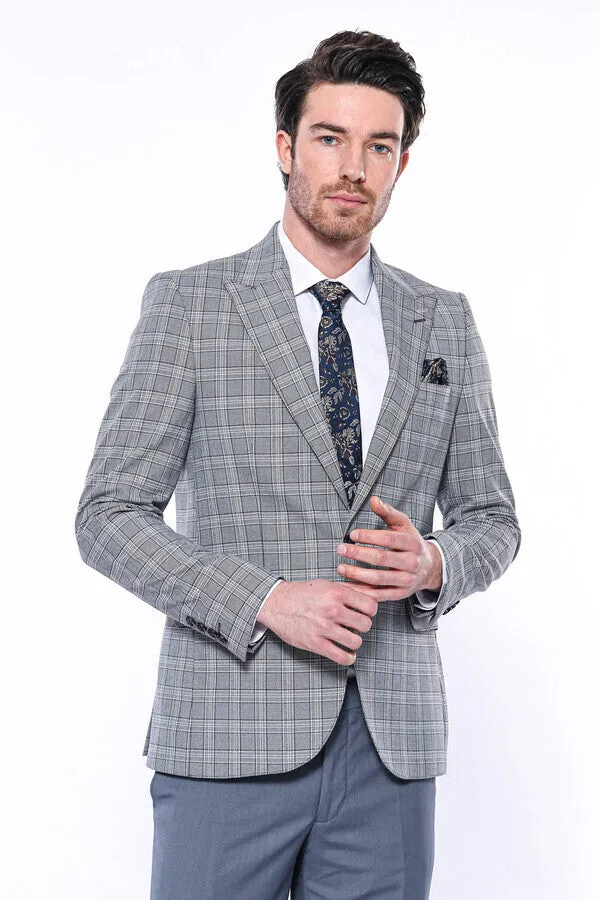WSS Checked Slim-Fit Grey Men's Blazer  - Singen