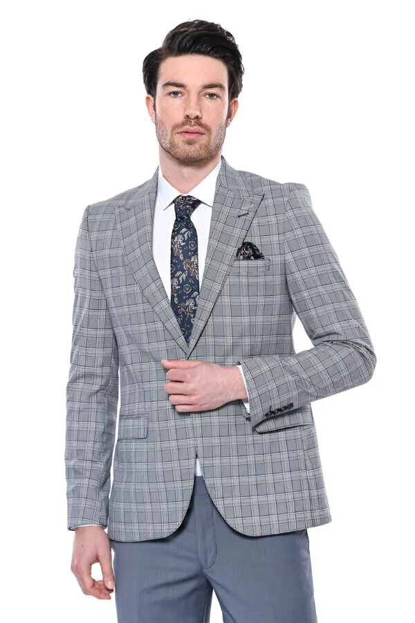 WSS Checked Slim-Fit Grey Men's Blazer  - Singen
