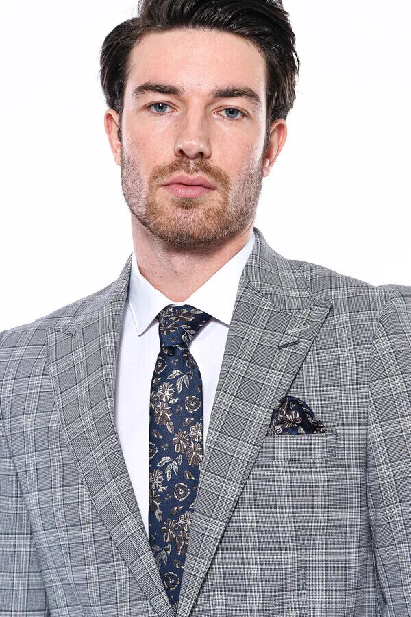 WSS Checked Slim-Fit Grey Men's Blazer  - Singen