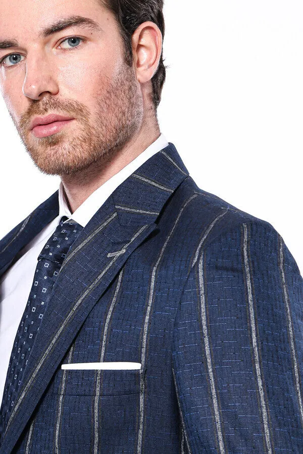 WSS Striped Slim-Fit Navy Blue Men Blazer  - Singen