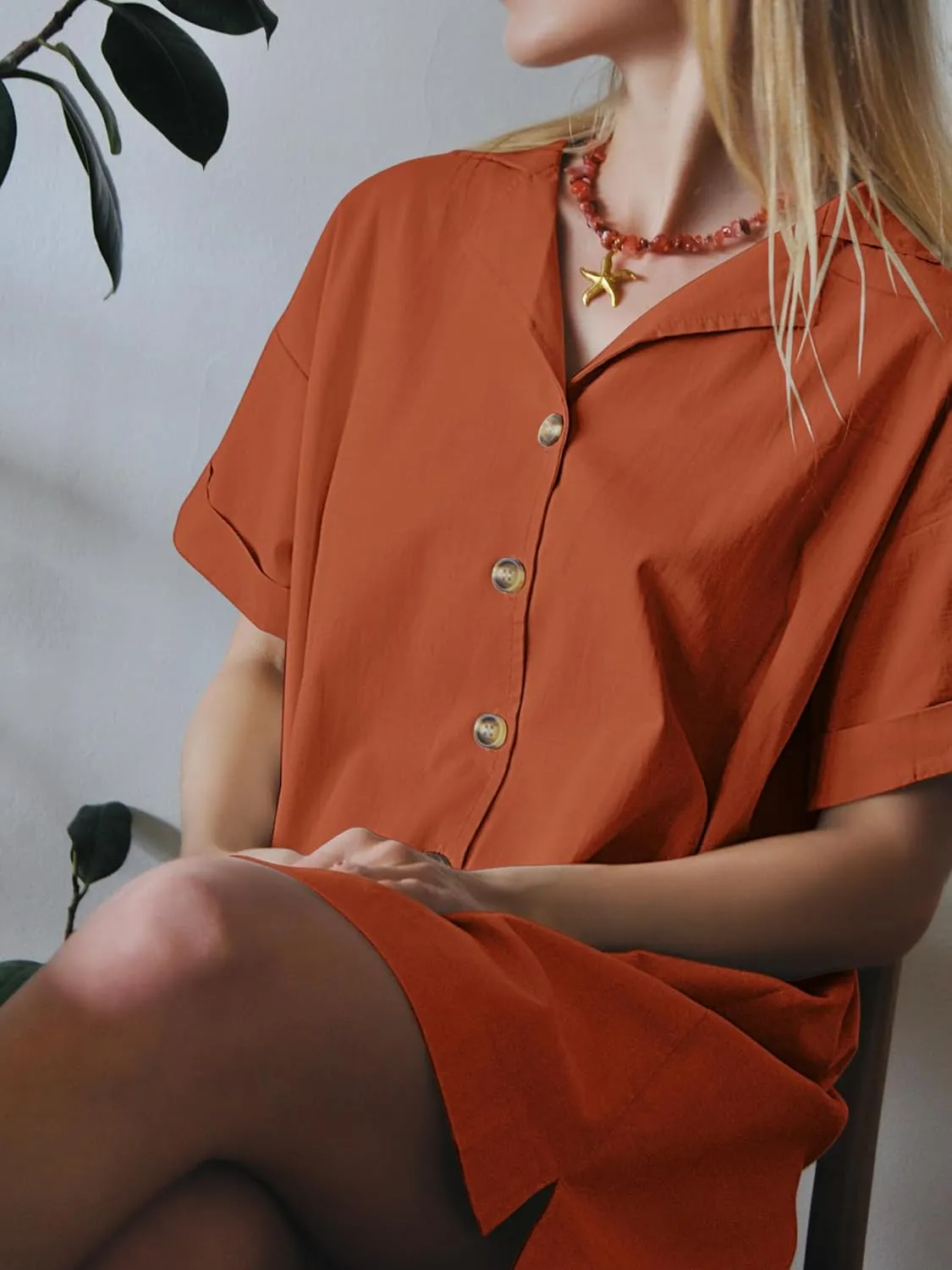 ZAFUL Women's 2025 Summer Button Down Dress Pockets Short Sleeves V-Neck Collar Vacation Beach Cotton T Shirt Dresses