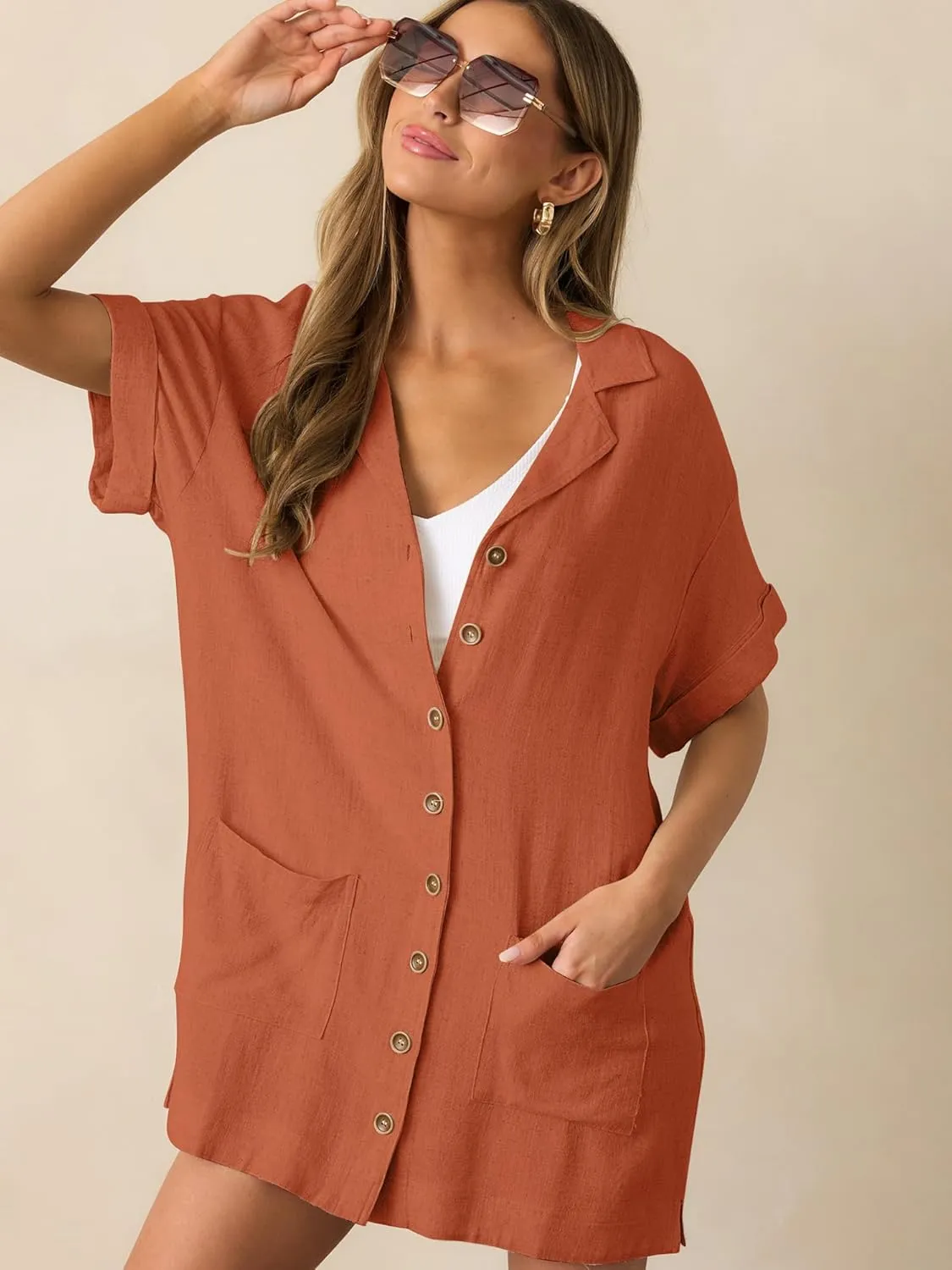ZAFUL Women's 2025 Summer Button Down Dress Pockets Short Sleeves V-Neck Collar Vacation Beach Cotton T Shirt Dresses