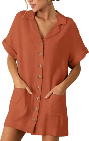 ZAFUL Women's 2025 Summer Button Down Dress Pockets Short Sleeves V-Neck Collar Vacation Beach Cotton T Shirt Dresses