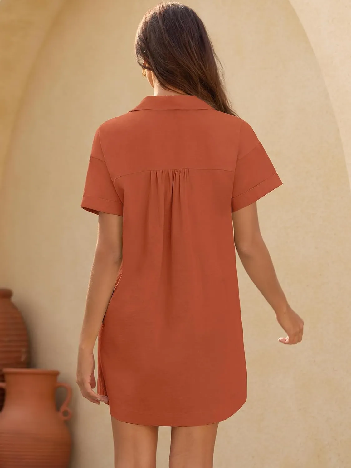 ZAFUL Women's 2025 Summer Button Down Dress Pockets Short Sleeves V-Neck Collar Vacation Beach Cotton T Shirt Dresses