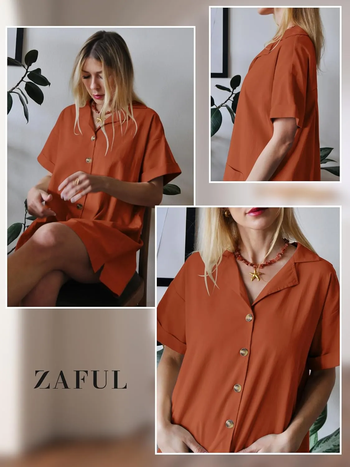 ZAFUL Women's 2025 Summer Button Down Dress Pockets Short Sleeves V-Neck Collar Vacation Beach Cotton T Shirt Dresses